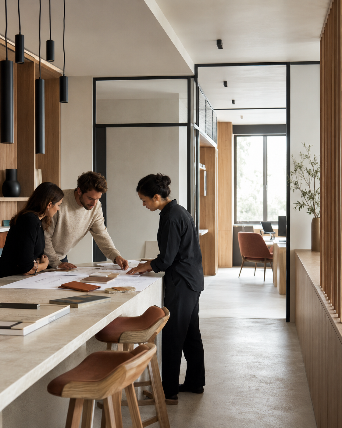 Équipe projet étudiant des plans dans un bureau contemporain